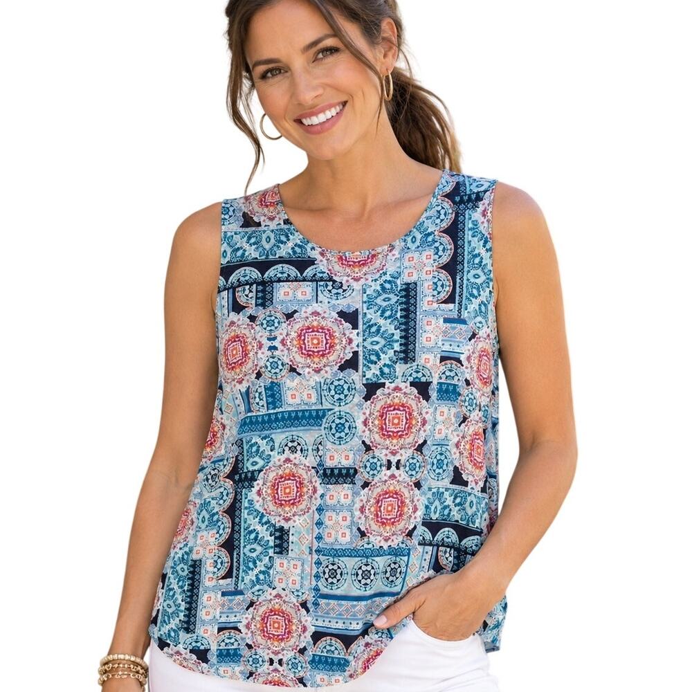 J. Jill Love Linen Portofino Medallion Knit Tank Womens XS Turquoise Casual Top